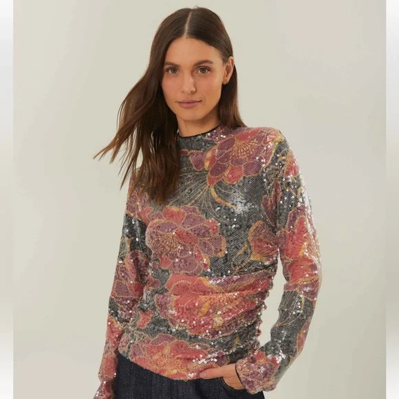 NWT Farm Rio Chita Tulle Black Flower Sequin Top Sparkle - Picture 1 of 5